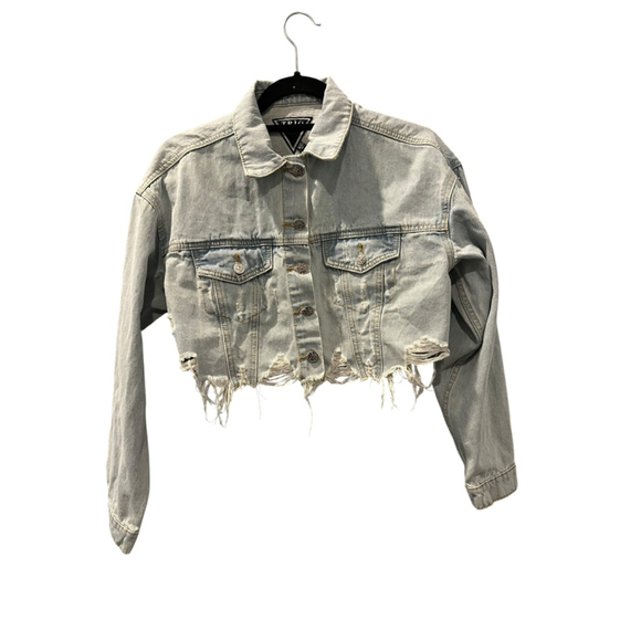Trio Urban NWT Virgin Mary Blessed Cropped Denim Jean Jacket Size Small/Medium - Picture 5 of 5